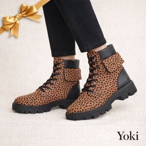 Yoki Combat Boots Leopard Print Brown Black Fabric Flap Laces Size 10